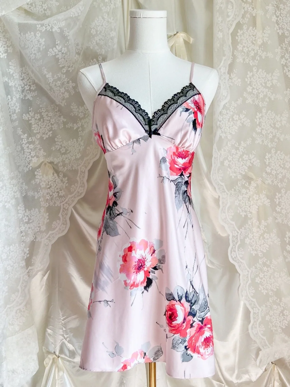 Pink Floral Satin Slip Dress Lace Trim Coquette Romantic Mini - Picture 1 of 3